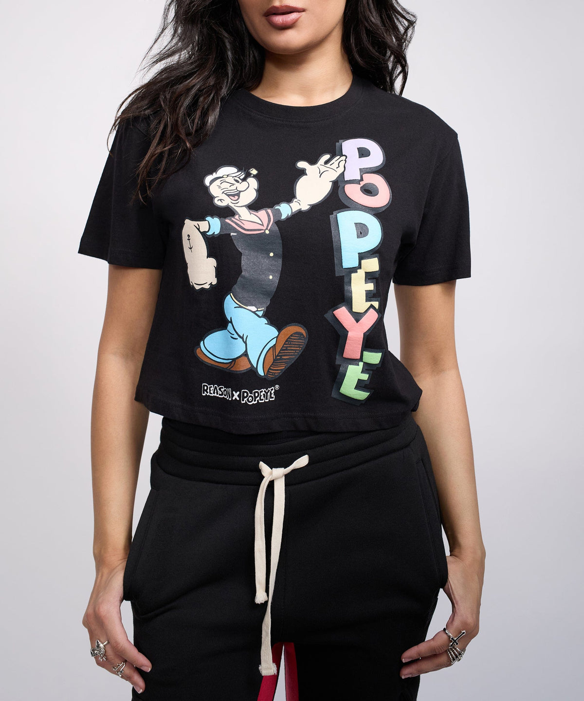 Reason Clothing Trusted Popeye Classic Women's Graphic Short Sleeve Cropped Tee - Black
