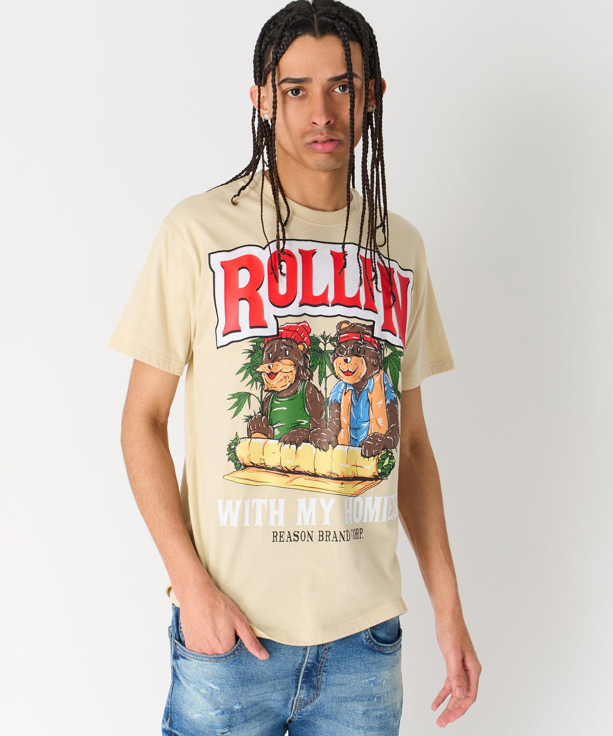 Reason Clothing Signature Cheech & Chong Rollin With My Homies Graphic Short Sleeve Tee - Khaki