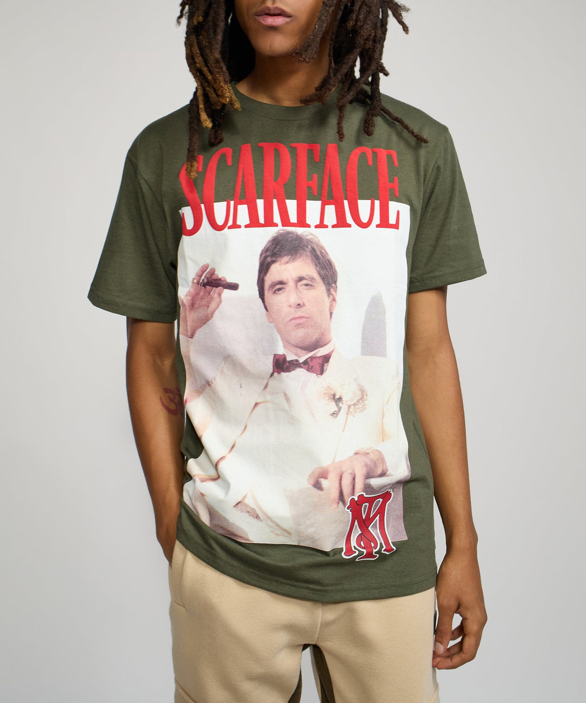 Reason Clothing Latest Scarface White Suit Short Sleeve Tee - Olive Green