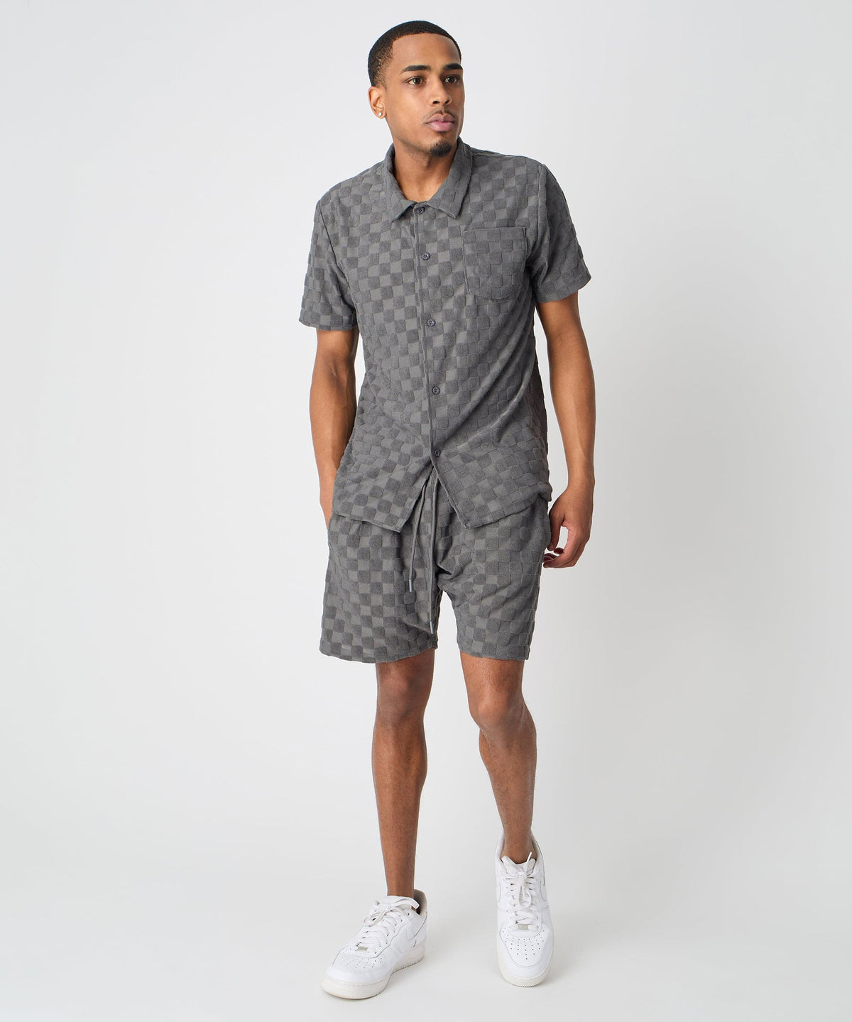 Reason Clothing Essential Checkerboard Viscose Button-Down Shirt - Grey