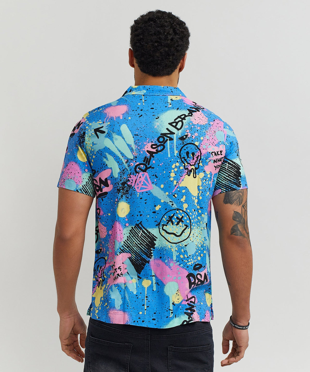 Reason Clothing Recommended Graffiti Viscose Button-Down Short Sleeve Shirt - Multicolor