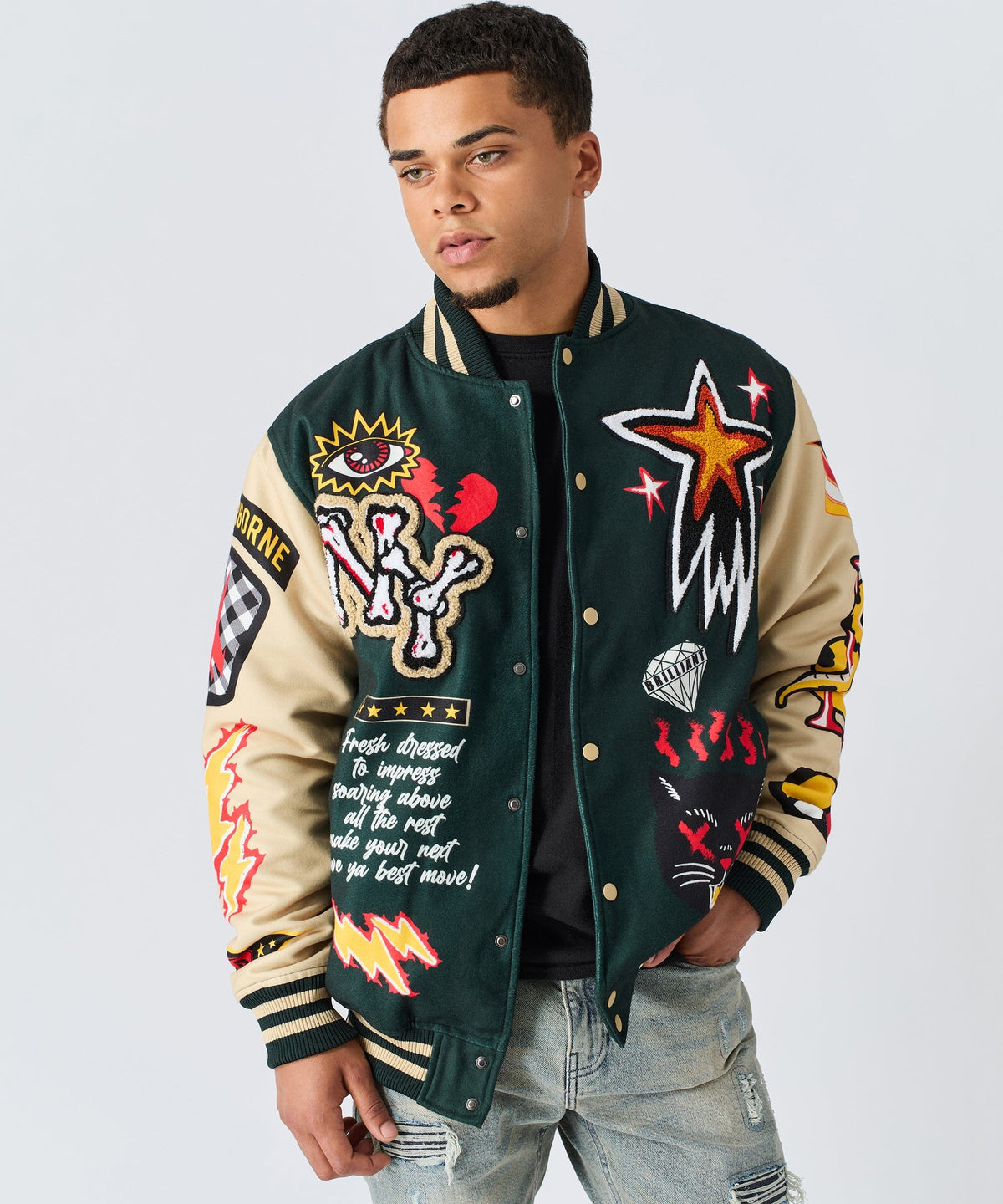 Reason Clothing Popular Super Fly Chenille Varsity Jacket - Green