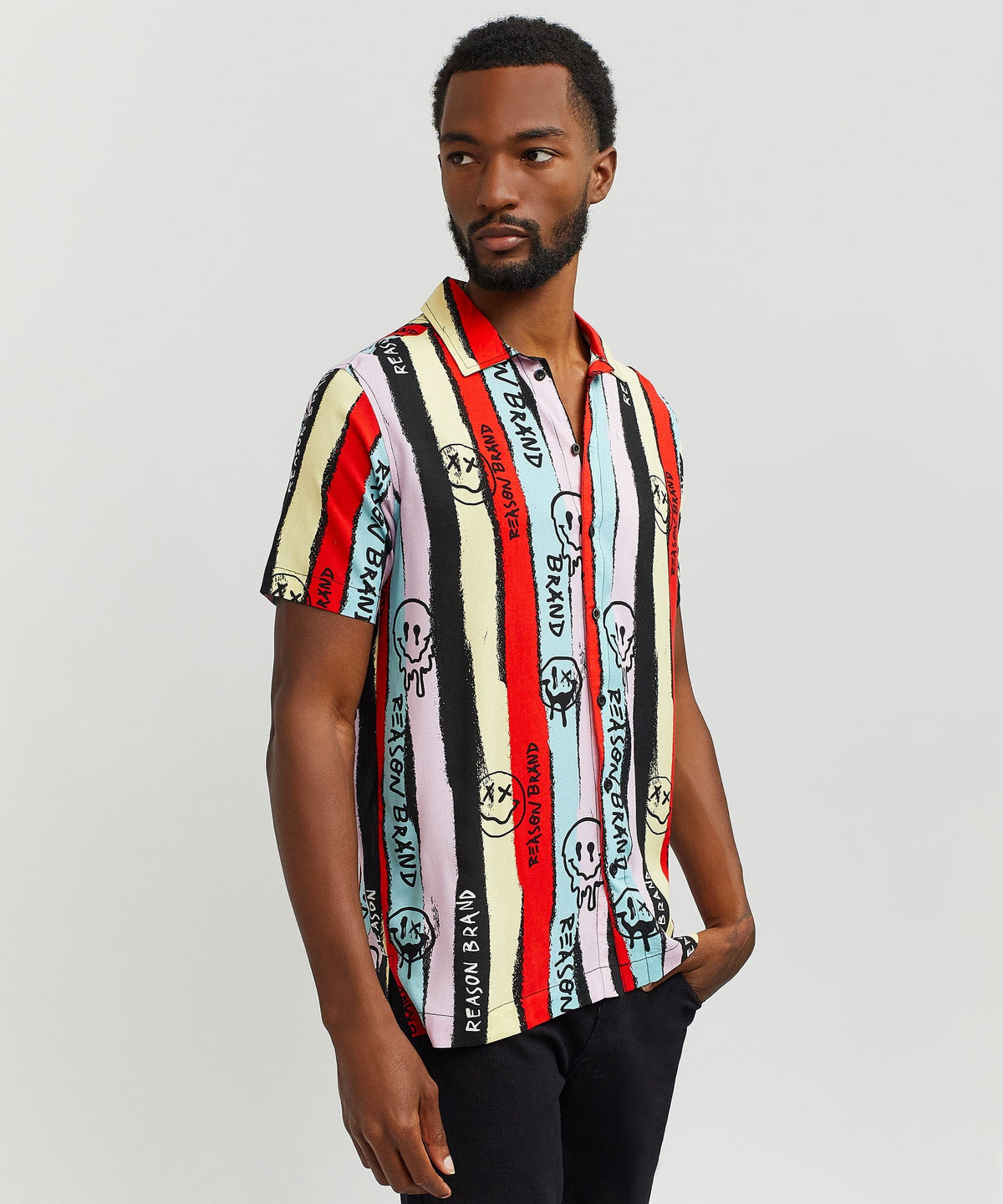 Reason Clothing Premium Graffiti Viscose Button-Down Short Sleeve Shirt - multicolor