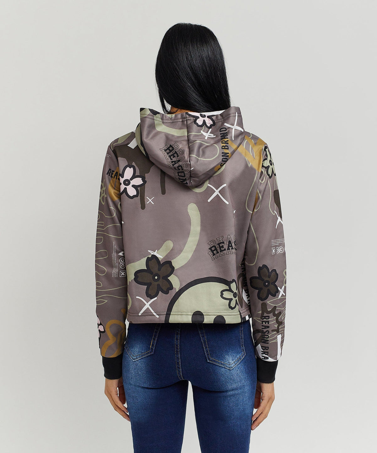 Reason Clothing Top Pick Doodle Women's Graphic Pull-over Long Sleeve Hoodie - Brown