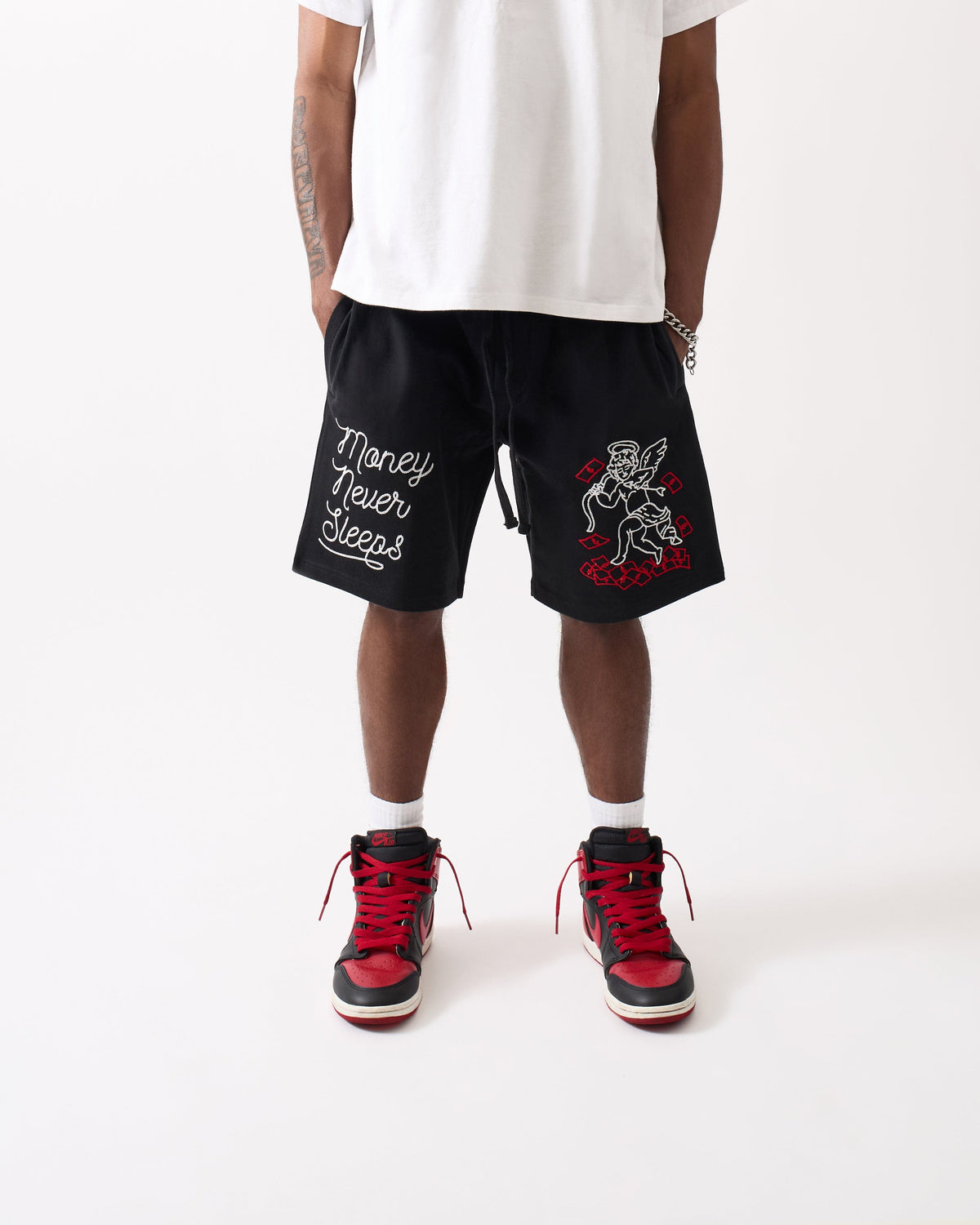 Reason Clothing Great Value Plus Size Paper Chaser Embroidery Shorts - Black