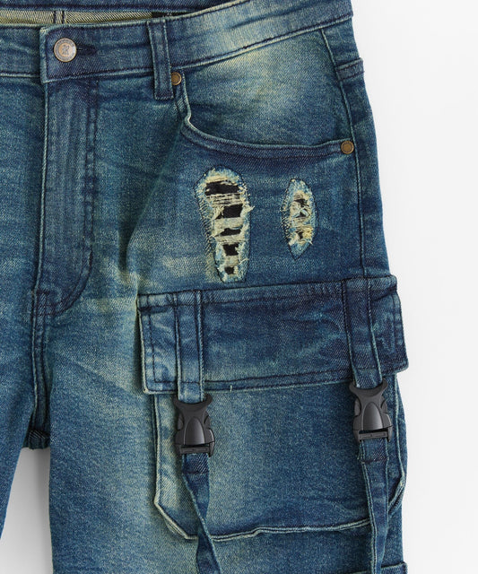 Reason Clothing Smart Buy Buckle Strap Denim Shorts - Dark Blue
