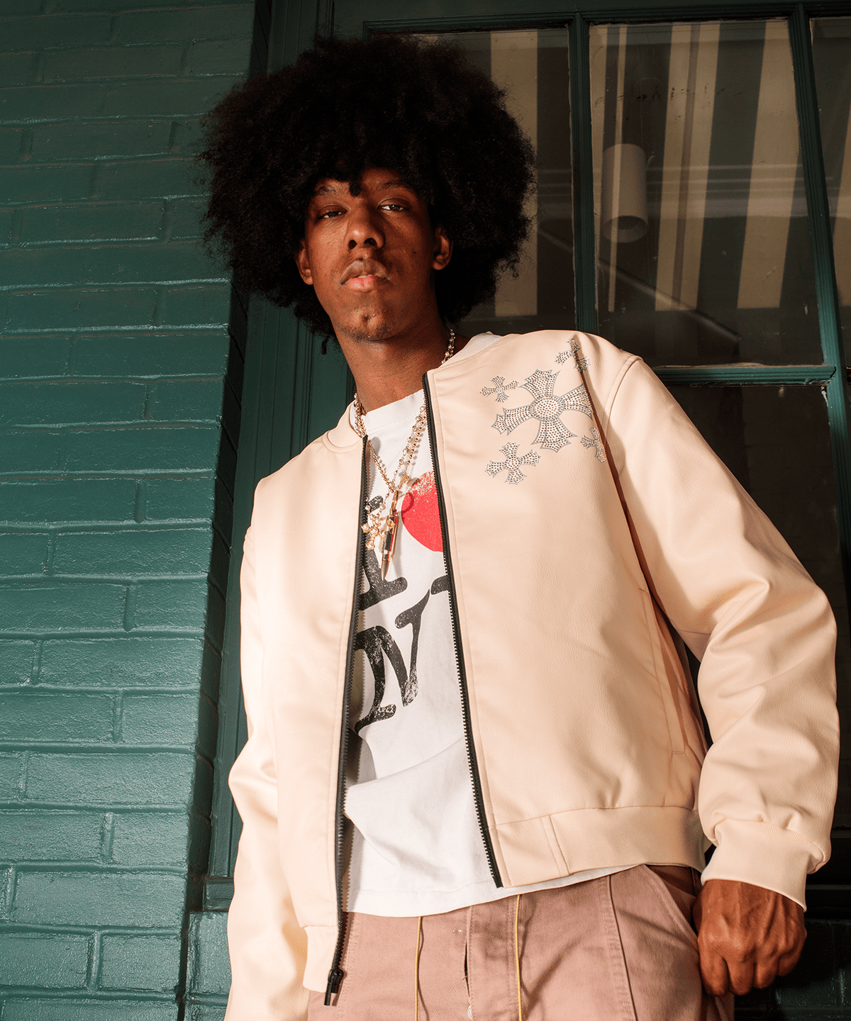Reason Clothing Popular Crossed Faux PU Leather Bomber Jacket - Cream