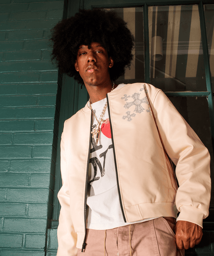 Reason Clothing Popular Crossed Faux PU Leather Bomber Jacket - Cream