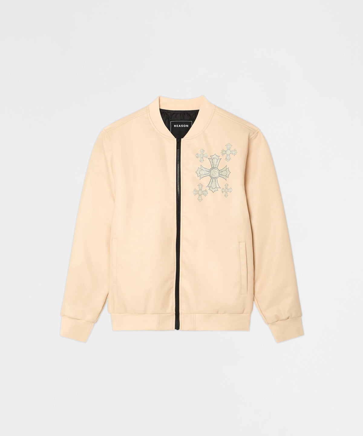 Reason Clothing Popular Crossed Faux PU Leather Bomber Jacket - Cream