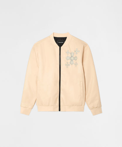 Reason Clothing Popular Crossed Faux PU Leather Bomber Jacket - Cream