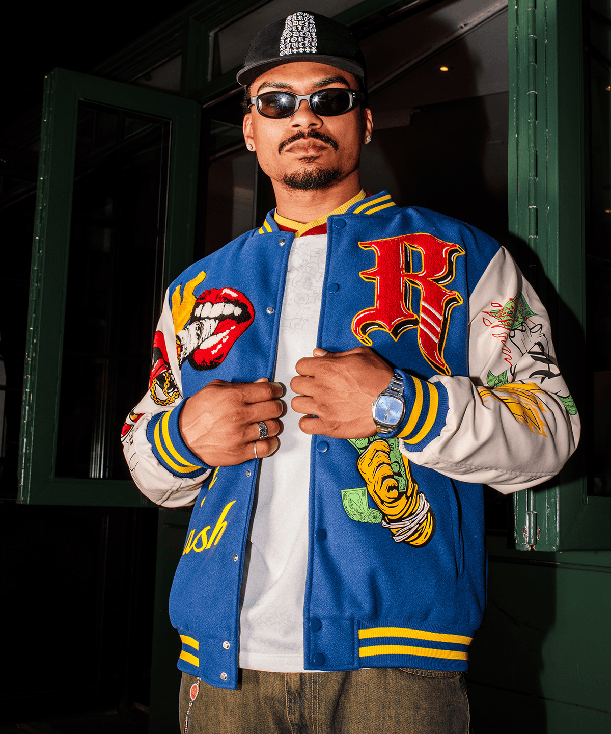 Reason Clothing Everyday Money Varsity Faux Leather Sleeve Jacket - Blue