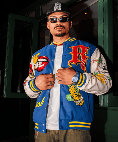 Reason Clothing Everyday Money Varsity Faux Leather Sleeve Jacket - Blue