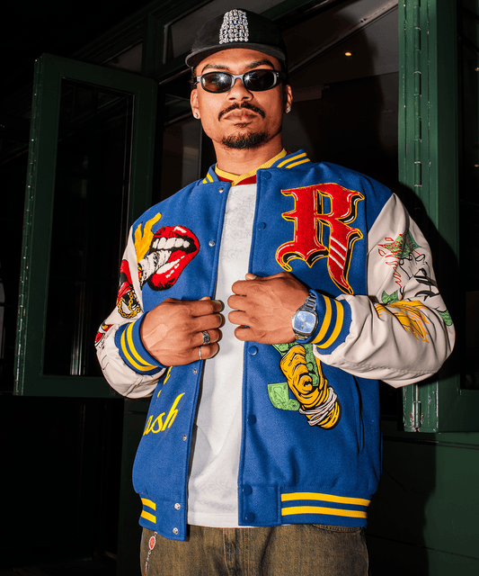 Reason Clothing Everyday Money Varsity Faux Leather Sleeve Jacket - Blue