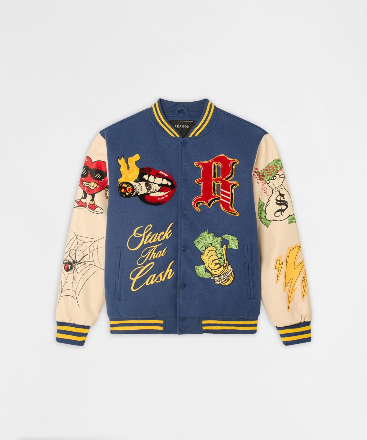 Reason Clothing Everyday Money Varsity Faux Leather Sleeve Jacket - Blue