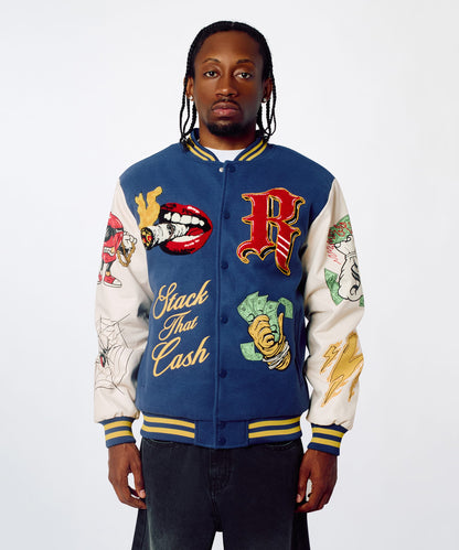Reason Clothing Everyday Money Varsity Faux Leather Sleeve Jacket - Blue