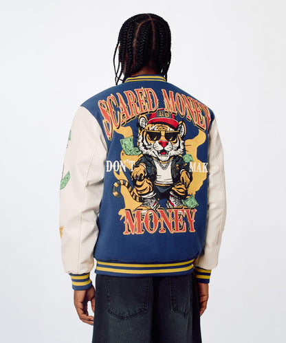 Reason Clothing Everyday Money Varsity Faux Leather Sleeve Jacket - Blue
