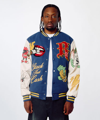 Reason Clothing Everyday Money Varsity Faux Leather Sleeve Jacket - Blue