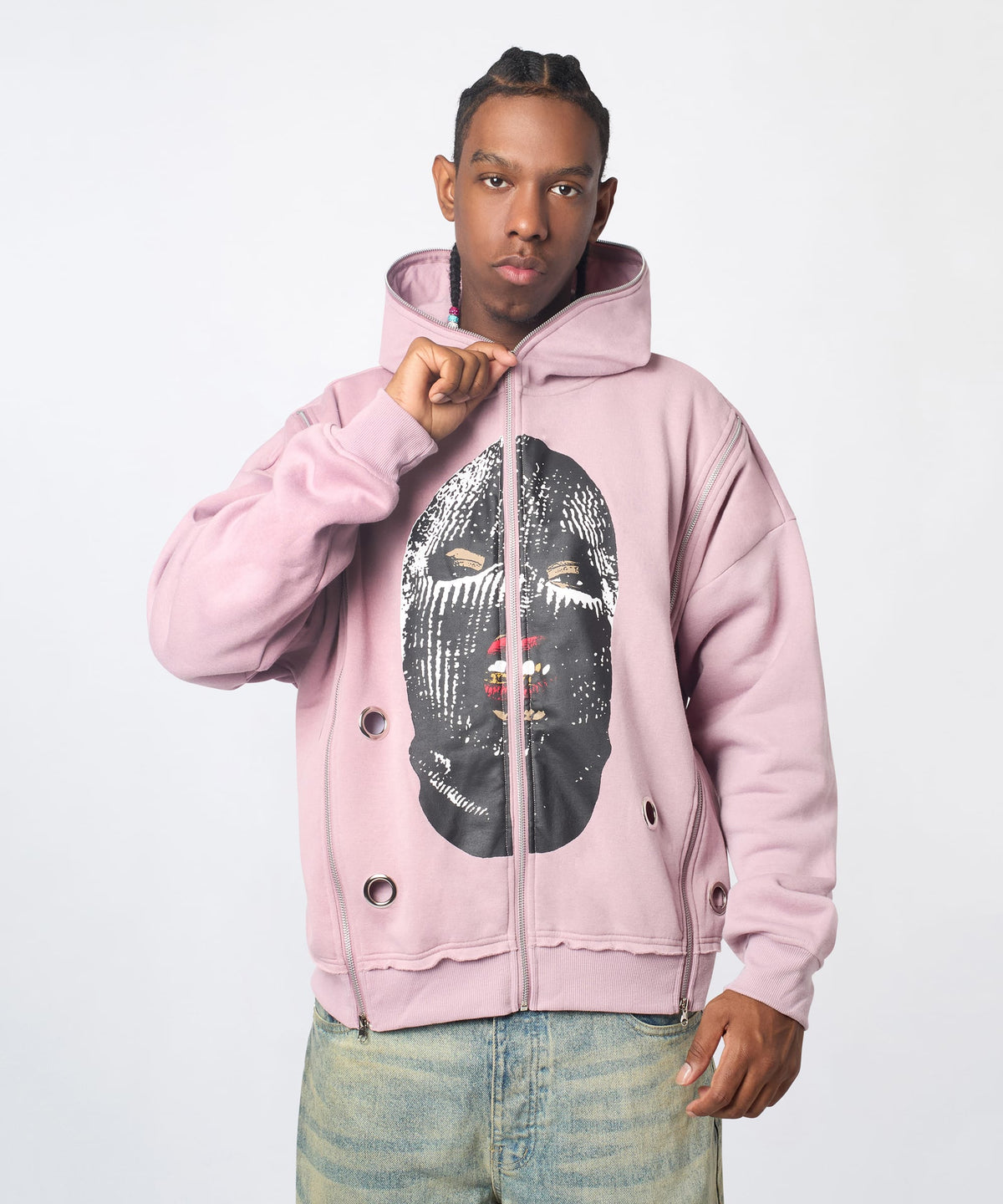 Reason Clothing Smart Buy Ski Mask Multi Zip Eyelet FZ Hoodie - Pink