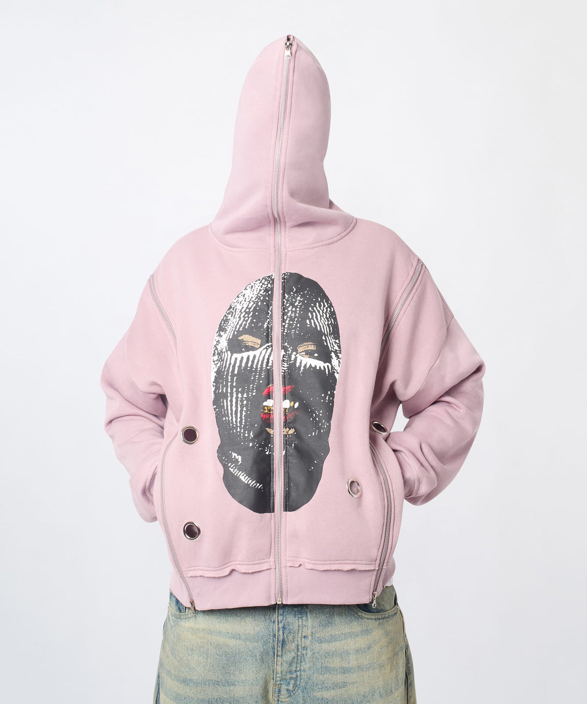 Reason Clothing Smart Buy Ski Mask Multi Zip Eyelet FZ Hoodie - Pink