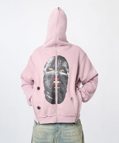 Reason Clothing Smart Buy Ski Mask Multi Zip Eyelet FZ Hoodie - Pink