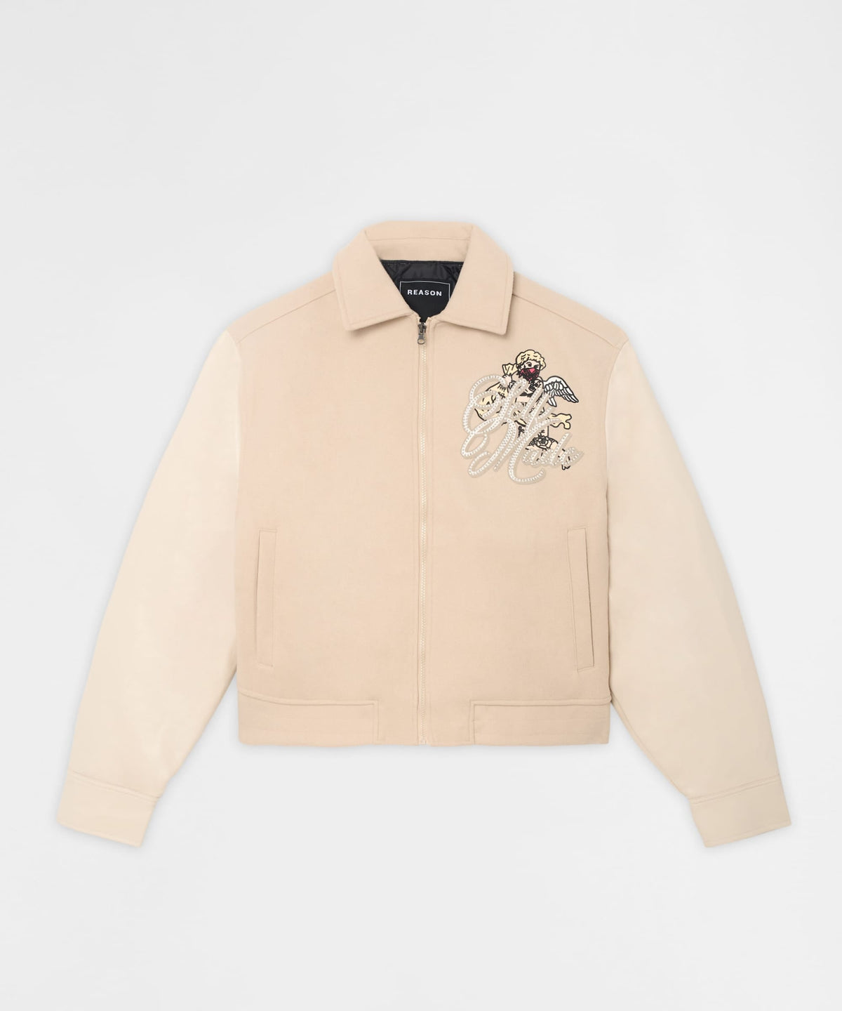 Reason Clothing Best Price Self Made Rhinestone PU Leather Jacket - Beige
