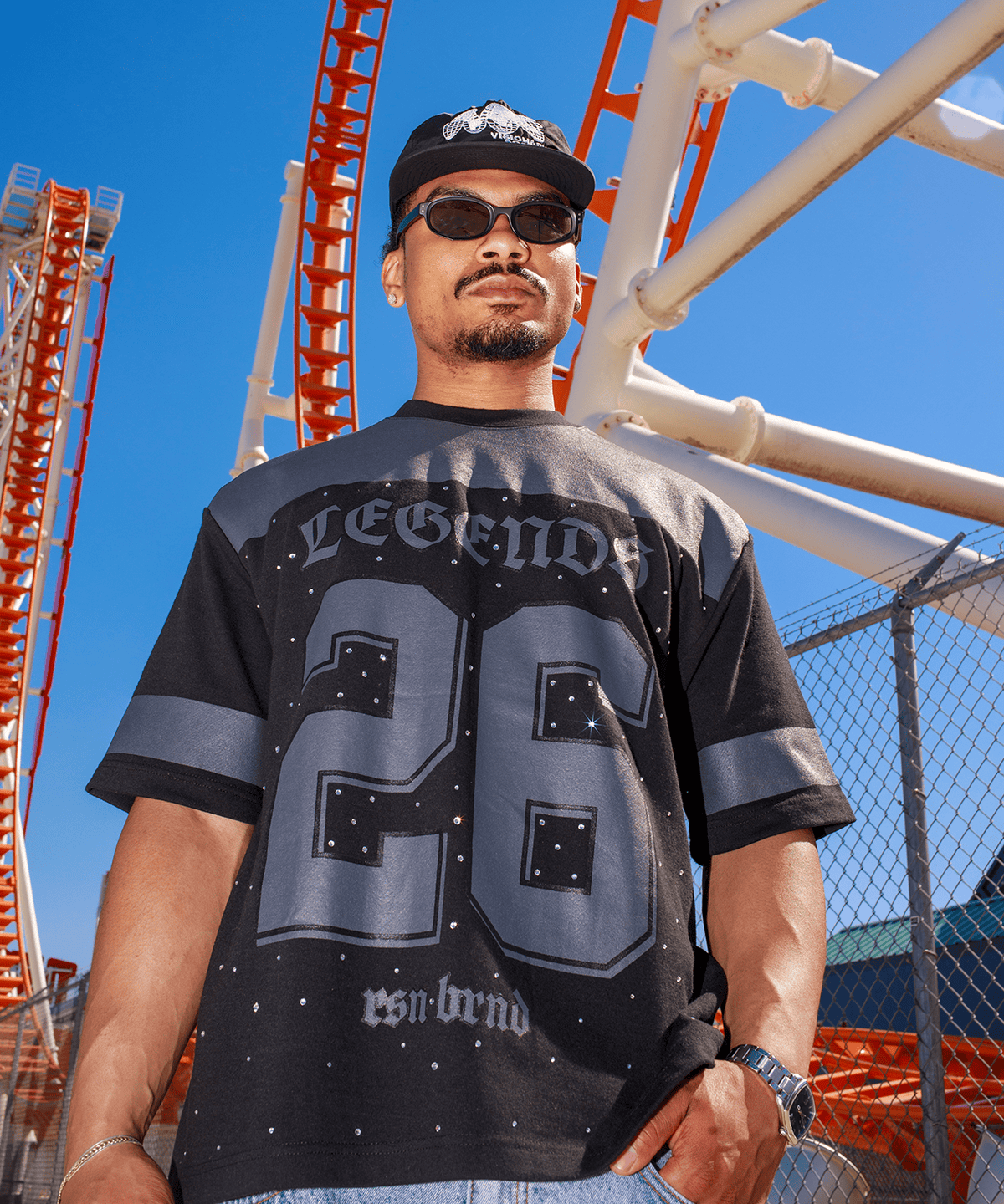 Reason Clothing Top Pick Football Rhinestones Short Sleeve Tee - Black