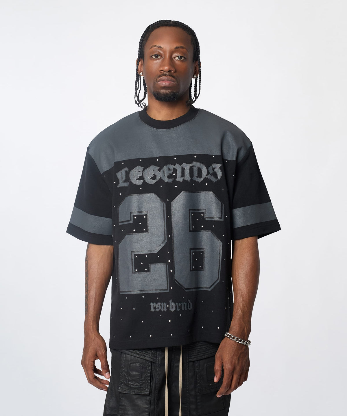 Reason Clothing Top Pick Football Rhinestones Short Sleeve Tee - Black