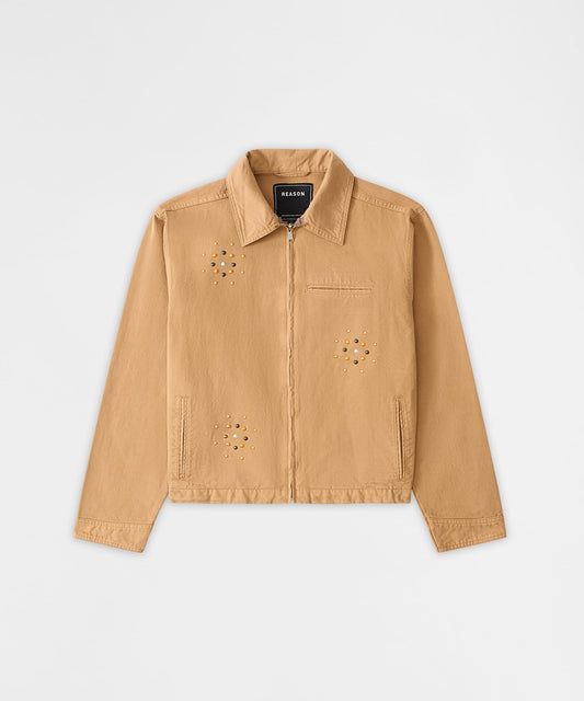 Reason Clothing Featured Studded Denim Jacket - Khaki