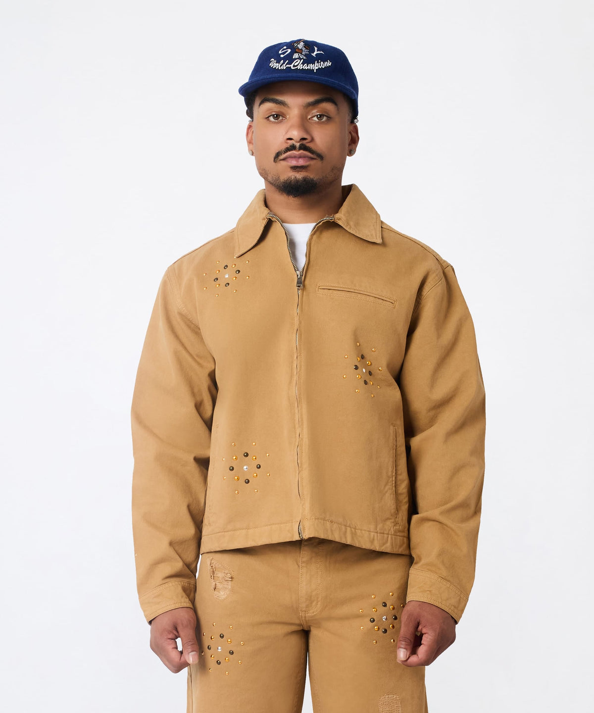 Reason Clothing Featured Studded Denim Jacket - Khaki