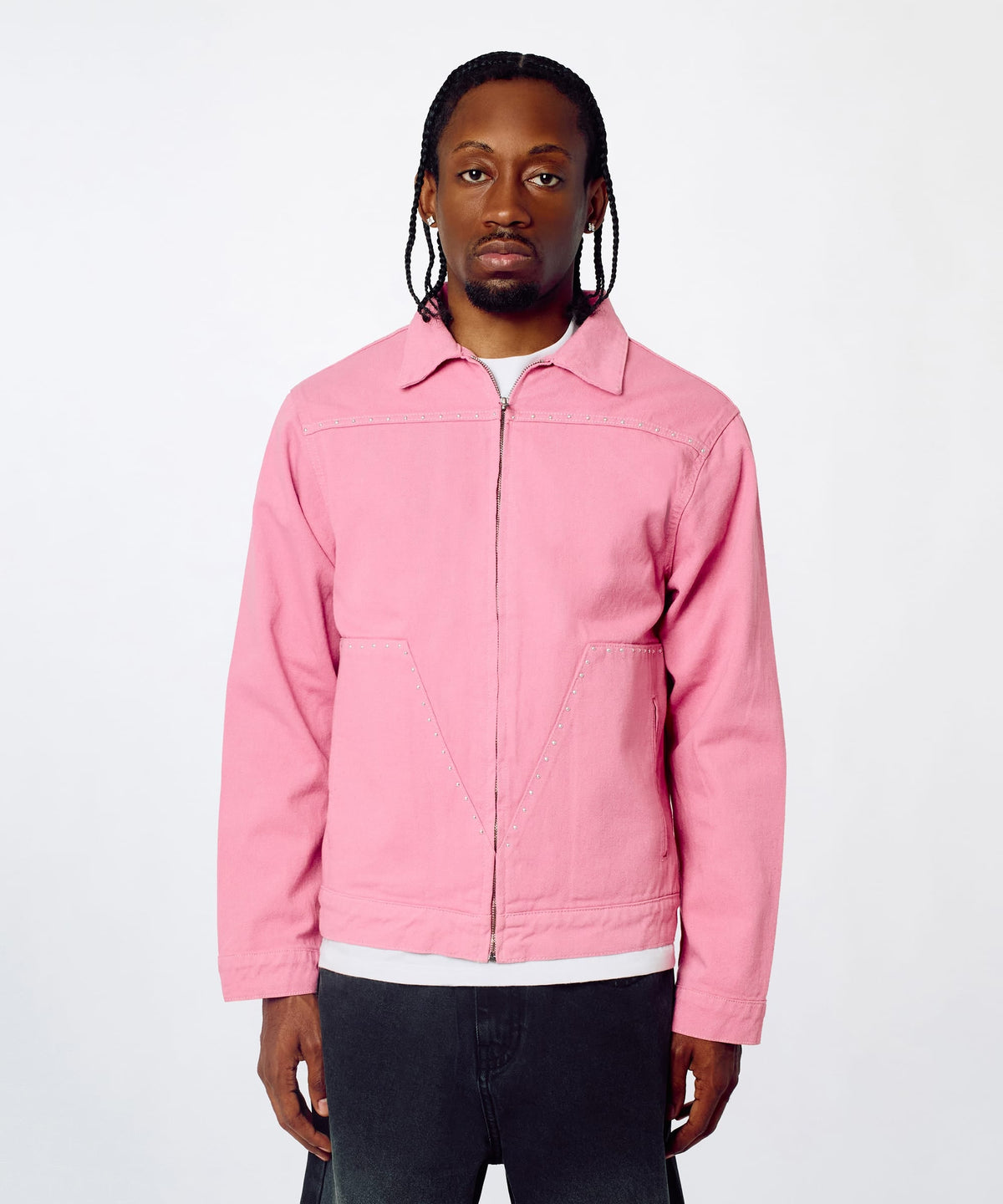 Reason Clothing Trending Saint Studded Work Denim Jacket - Pink