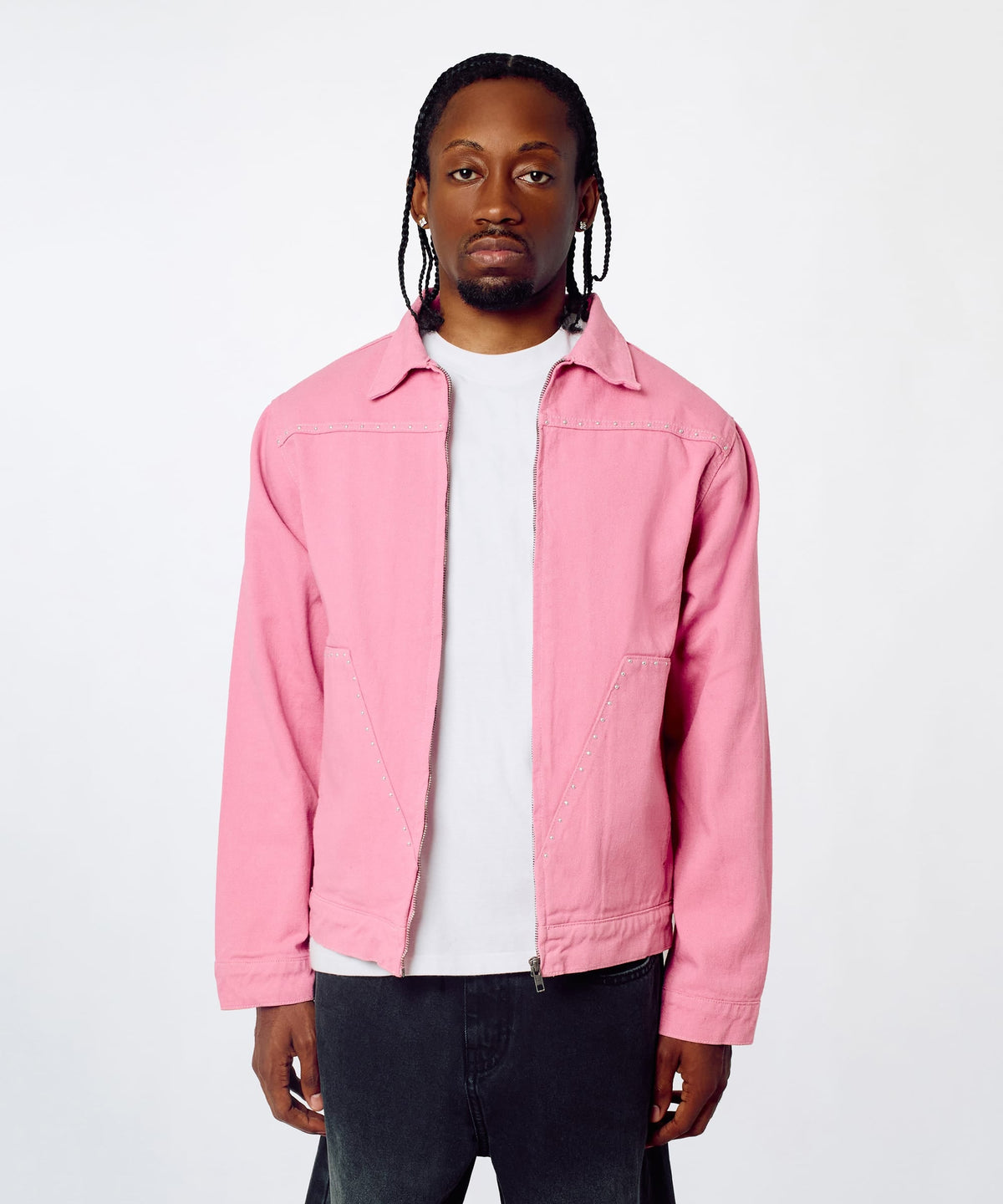 Reason Clothing Trending Saint Studded Work Denim Jacket - Pink