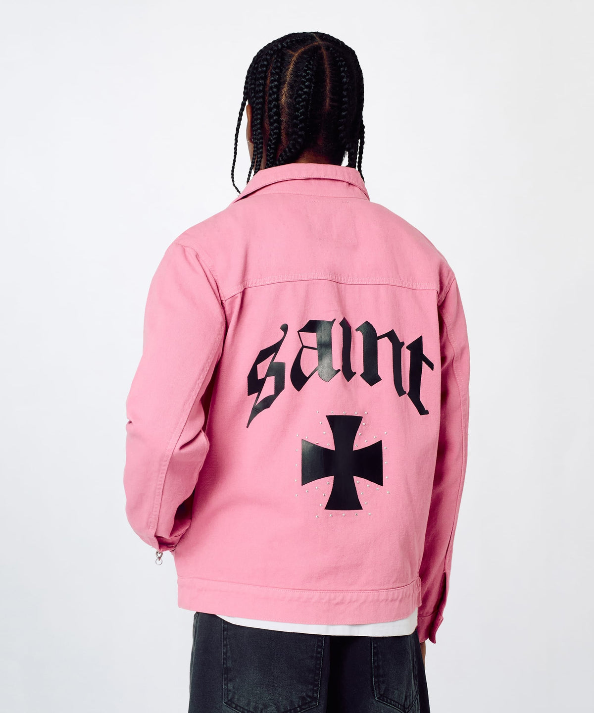 Reason Clothing Trending Saint Studded Work Denim Jacket - Pink