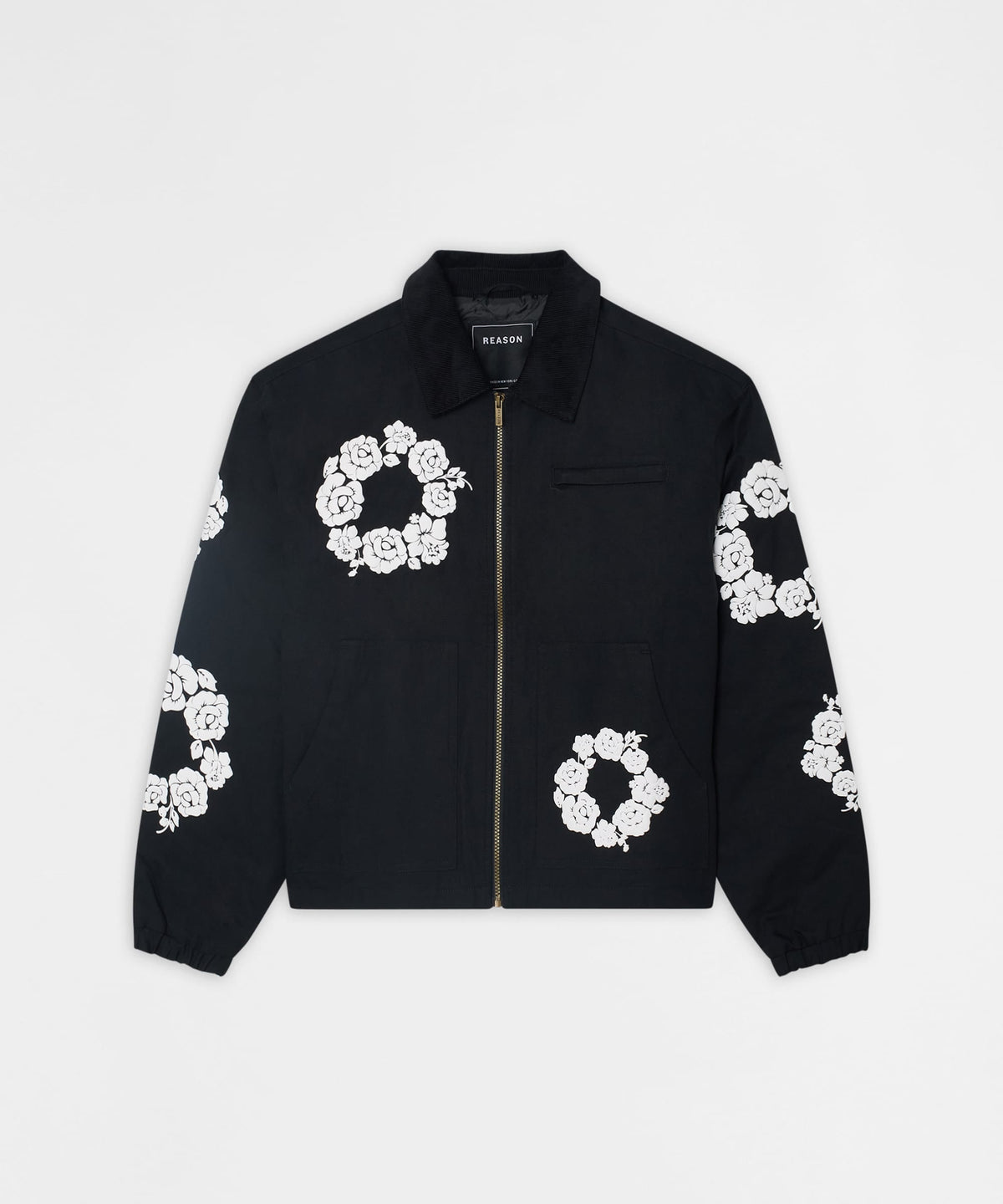 Reason Clothing Trusted Floral Wreath Collared Workwear Jacket - Black