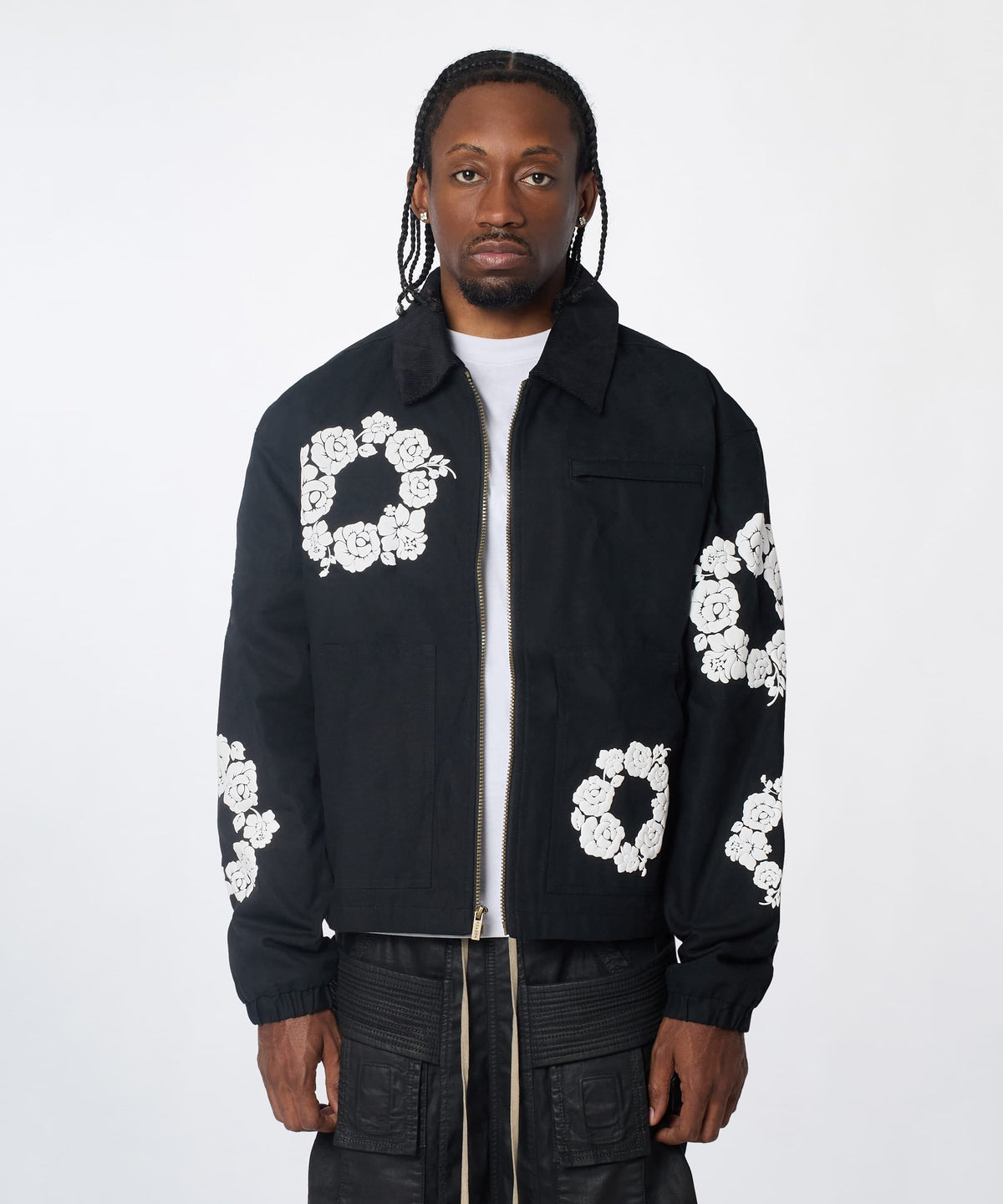 Reason Clothing Trusted Floral Wreath Collared Workwear Jacket - Black
