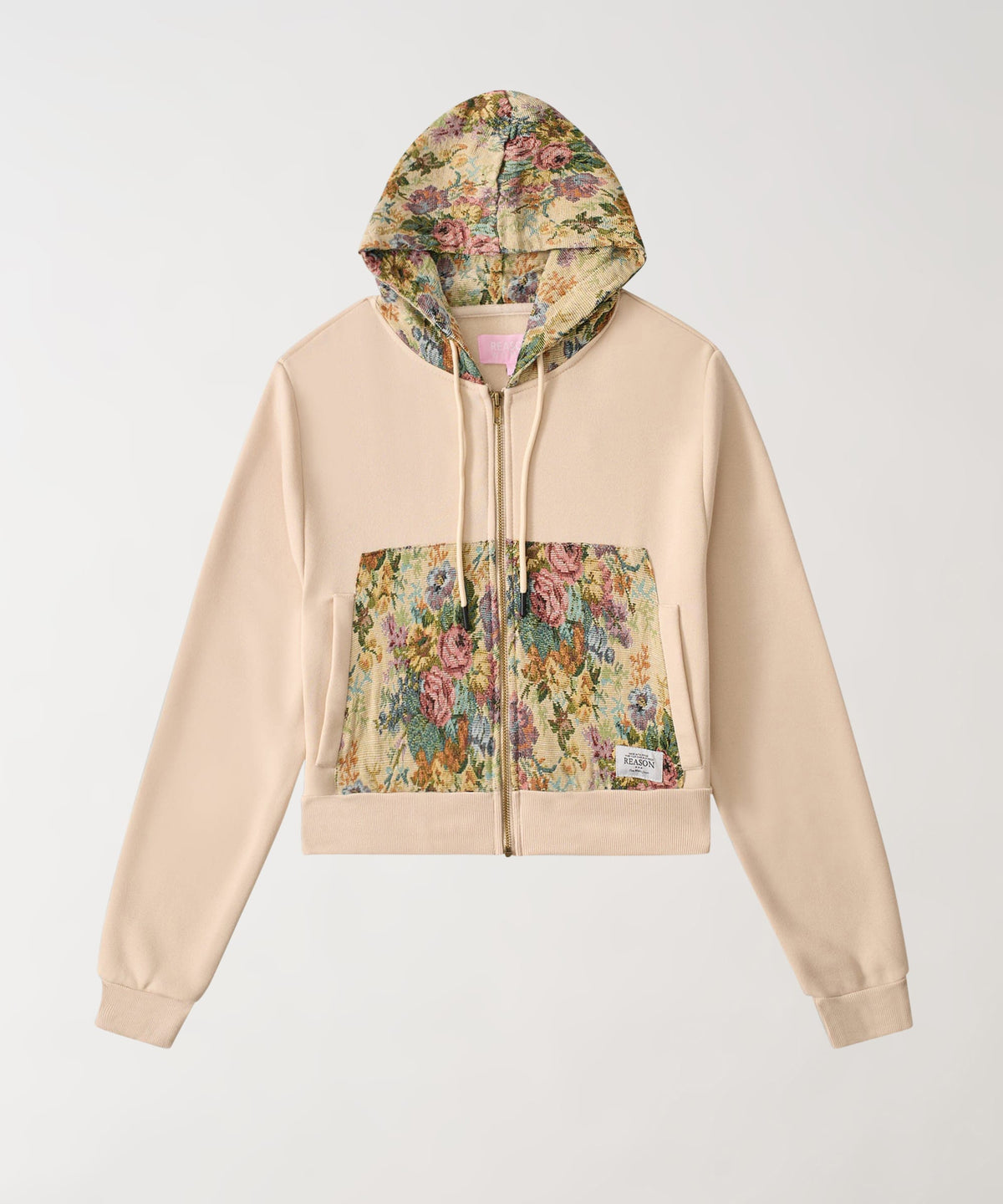 Reason Clothing Signature Women Floral Tapestry Graphic Zip Up Hoodie - Khaki