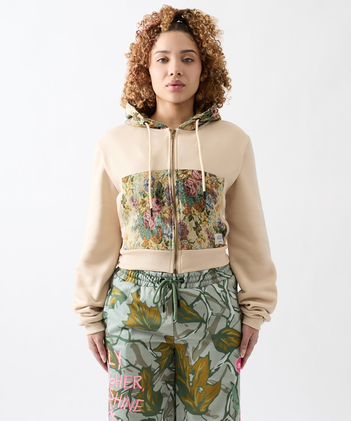 Reason Clothing Signature Women Floral Tapestry Graphic Zip Up Hoodie - Khaki