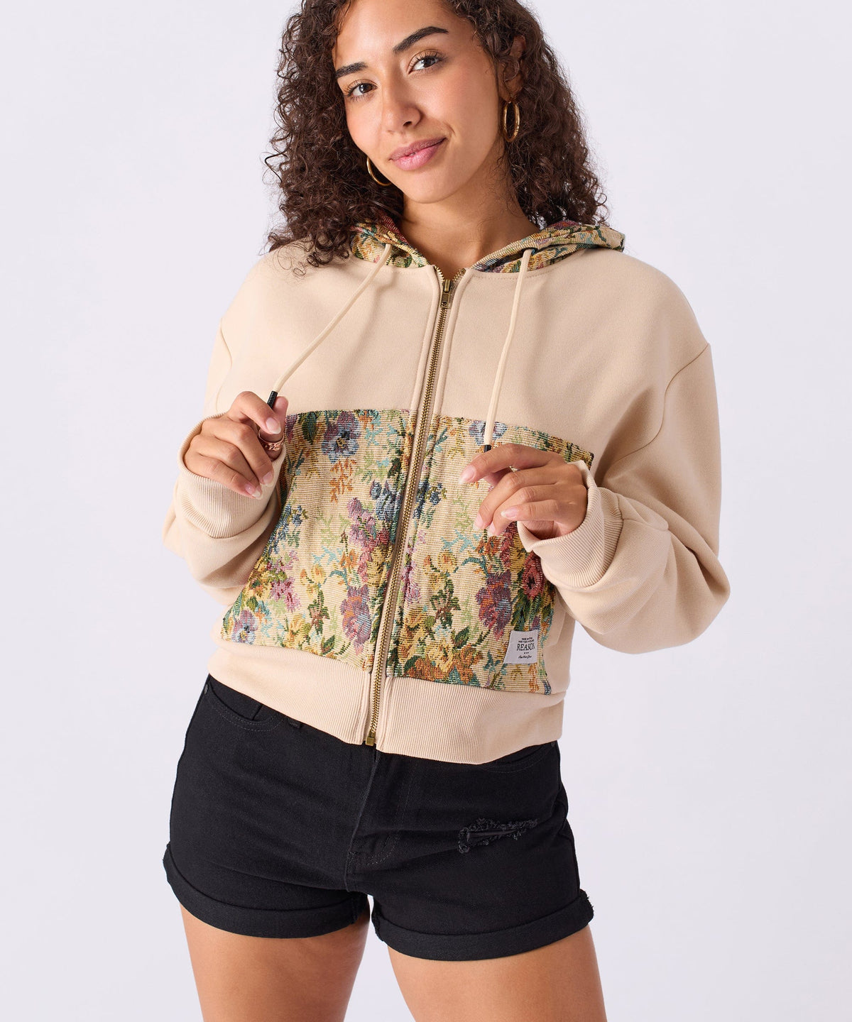 Reason Clothing Signature Women Floral Tapestry Graphic Zip Up Hoodie - Khaki
