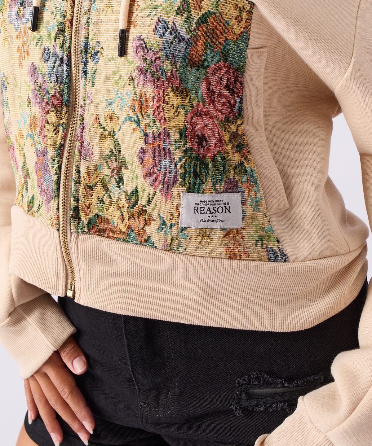 Reason Clothing Signature Women Floral Tapestry Graphic Zip Up Hoodie - Khaki