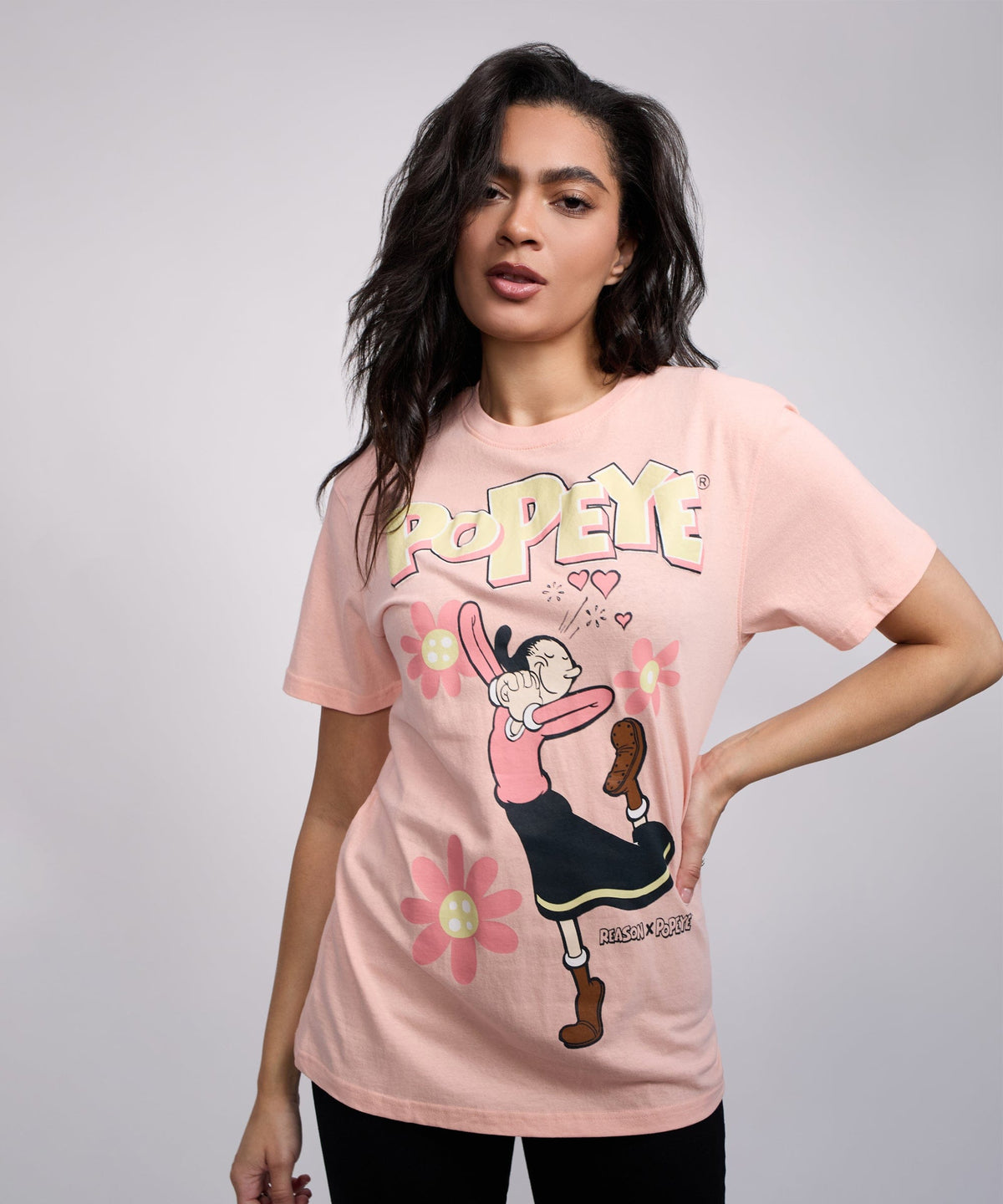Reason Clothing Signature Popeye Olive Women's Graphic Short Sleeve Tee - Pink