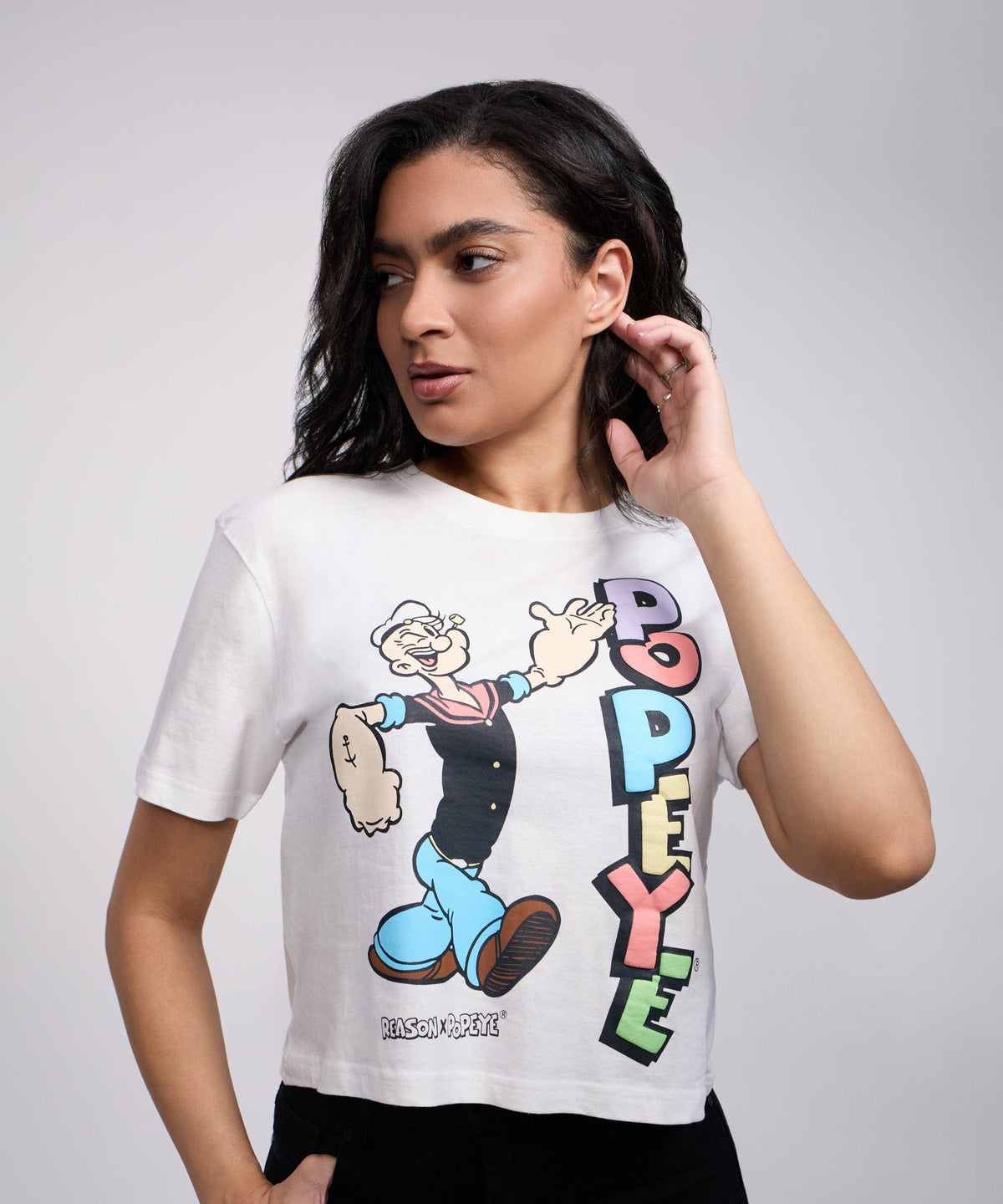 Reason Clothing Popular Popeye Logo Women's Graphic Cropped Short Sleeve Tee - White