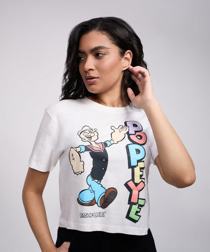 Reason Clothing Popular Popeye Logo Women's Graphic Cropped Short Sleeve Tee - White