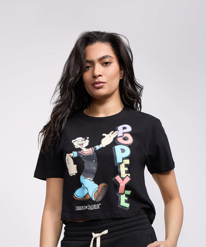 Reason Clothing Trusted Popeye Classic Women's Graphic Short Sleeve Cropped Tee - Black