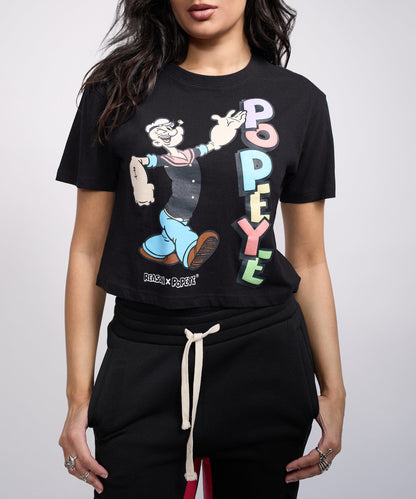 Reason Clothing Trusted Popeye Classic Women's Graphic Short Sleeve Cropped Tee - Black