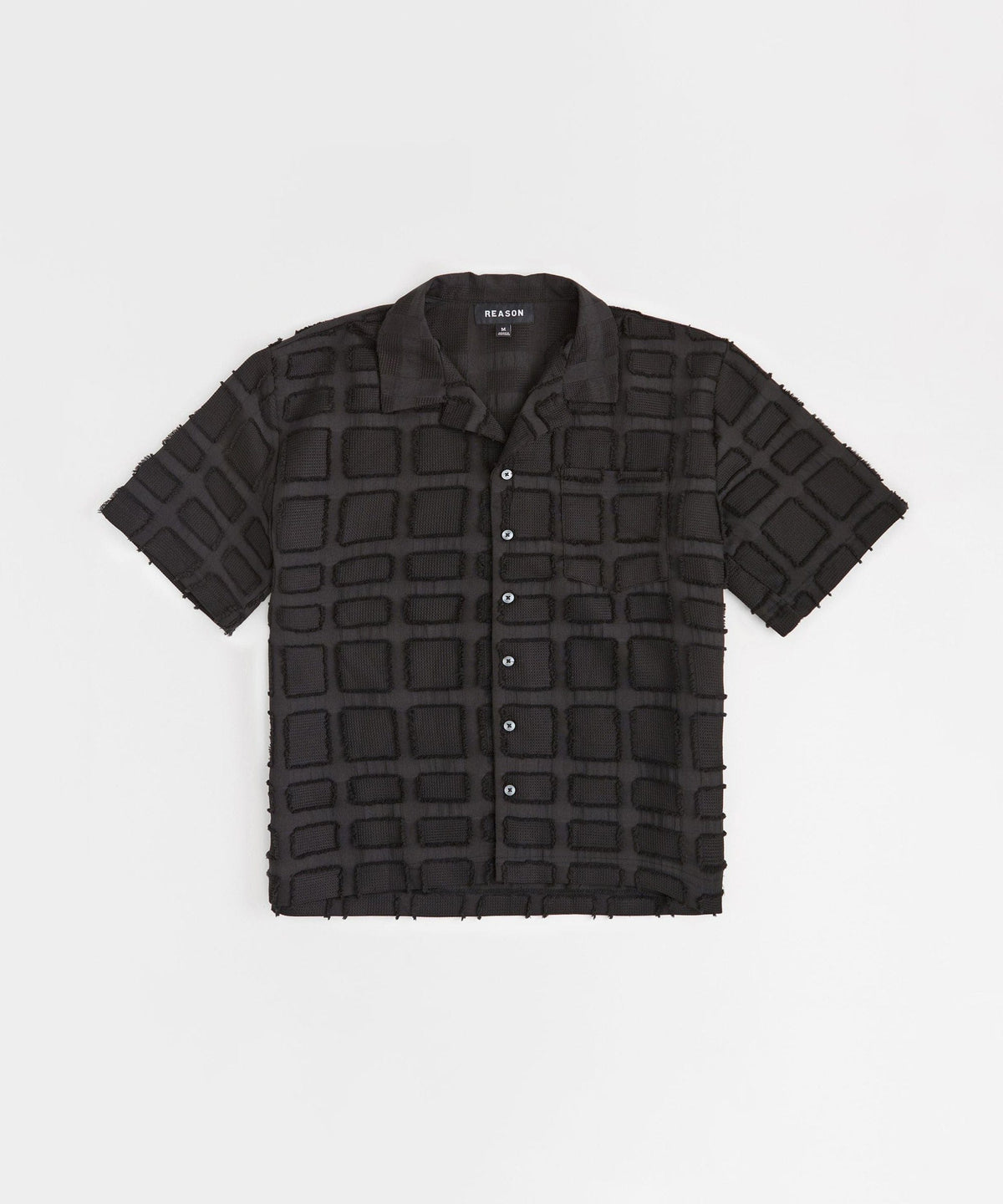 Reason Clothing Quality Grid Kid's Textured Button Down Short Sleeve Shirt - Black