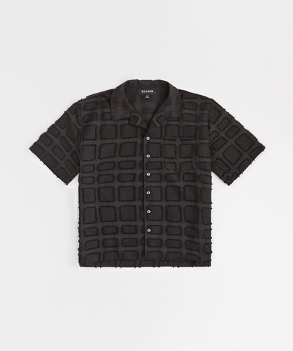 Reason Clothing Quality Grid Kid's Textured Button Down Short Sleeve Shirt - Black