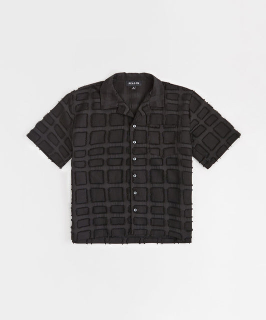 Reason Clothing Quality Grid Kid's Textured Button Down Short Sleeve Shirt - Black