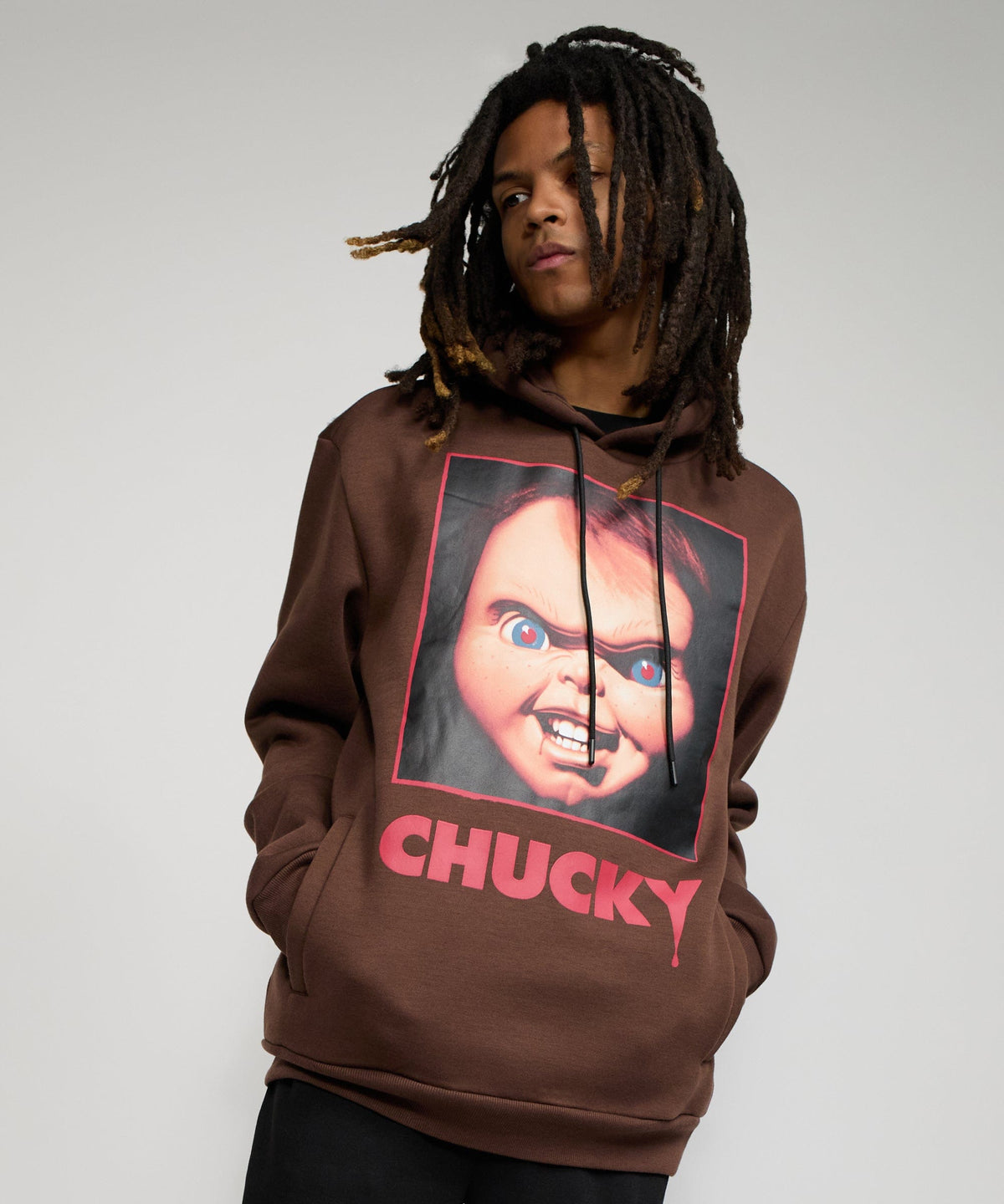 Reason Clothing Trending Chucky Face Graphic Long Sleeve Hoodie - Brown