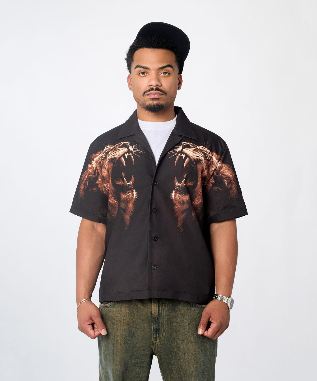 Reason Clothing Signature King's Roar Viscose Button Down Short Sleeve Shirt - Black