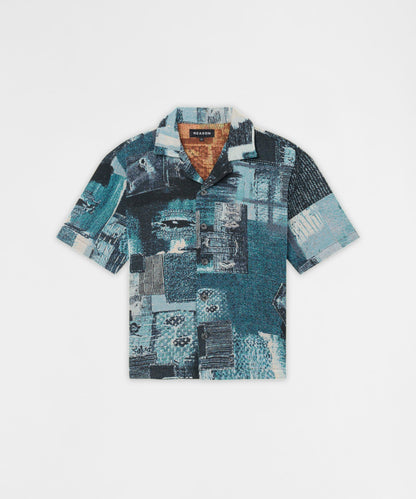 Reason Clothing Signature Mosaic Tapestry Button Down Short Sleeve Knit Shirt - Blue