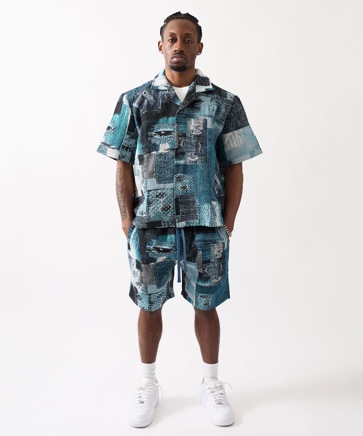 Reason Clothing Signature Mosaic Tapestry Button Down Short Sleeve Knit Shirt - Blue
